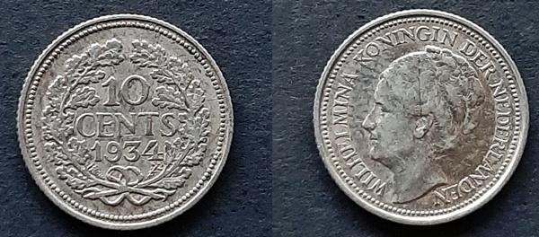 10 cent 1934, Verzenden, Koningin Wilhelmina, 10 cent, Zilver