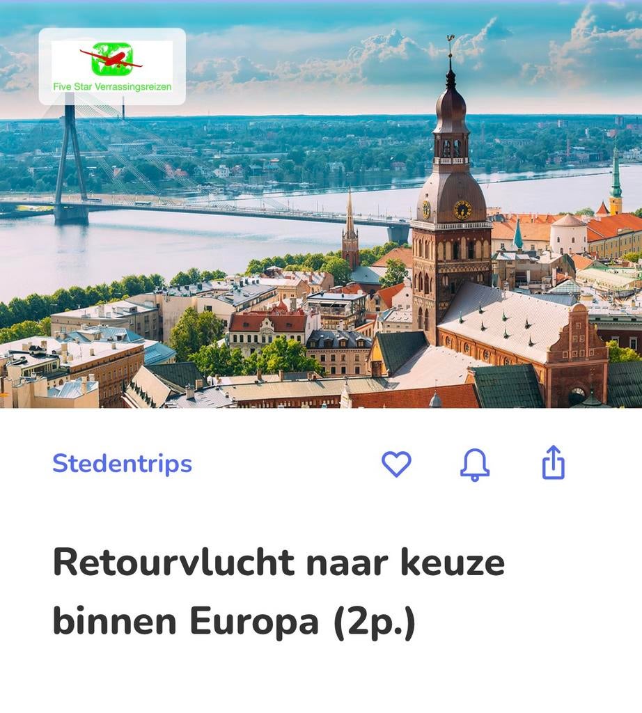 Retourvlucht binnen Europa 2 personen, Twee personen, 1 overnachting