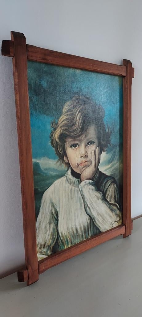Vintage schilderij van een zigeunerjongetje., Ophalen, Zo goed als nieuw, Schilderij, 75 cm of meer