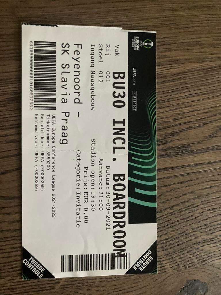 TICKET FEYENOORD-SLAVIA PRAAG 21-22 CONFERENCE LEAGUE, Ophalen of Verzenden, Zo goed als nieuw, Feyenoord, Overige typen