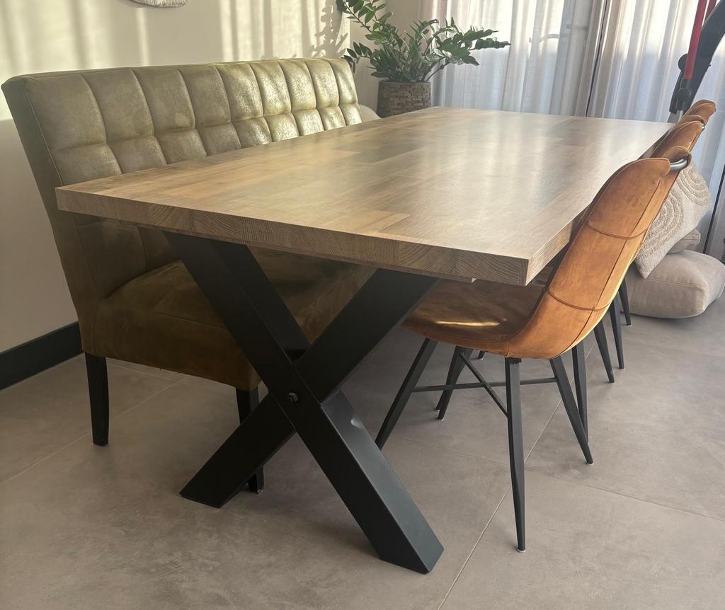 Eetkamer set: Mango houten tafel, 3 stoelen en eetbank, Ophalen, Gebruikt, Minder dan 4 stoelen