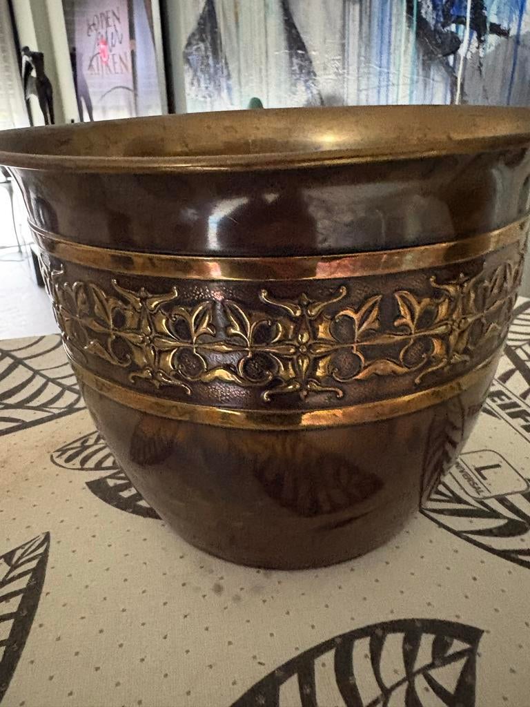 Antieke koperen plantenbak met decoratieve band, Ophalen of Verzenden