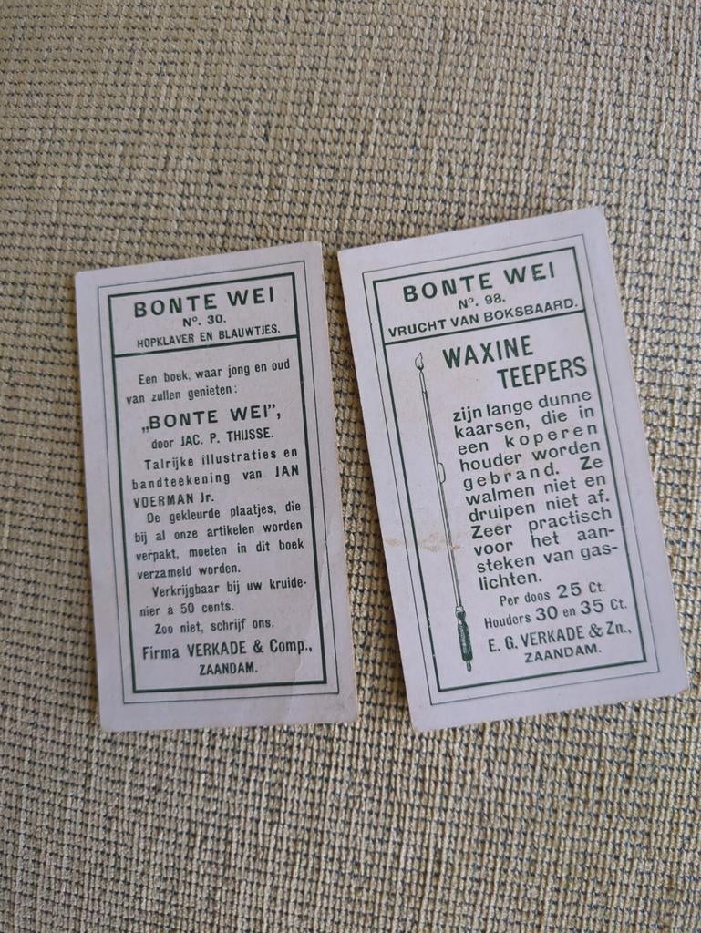 2 Verkade reclamekaartjes: Bonte Wei en Waxine Teepers, Ophalen of Verzenden