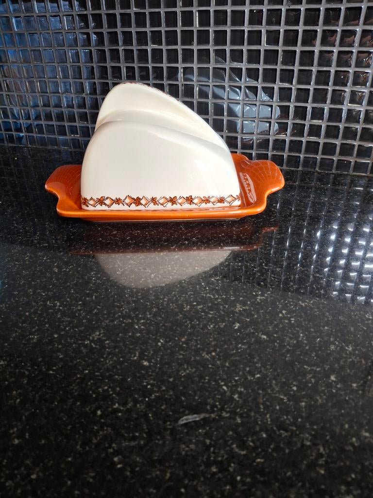 Vintage botervloot oranje/wit met decoratie, Ophalen of Verzenden, Overige stijlen, Overige typen