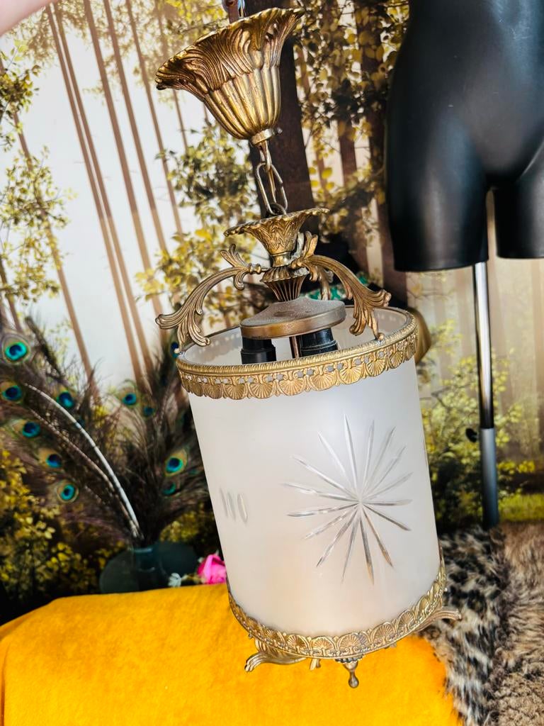 Vintage Hanglamp met Melkglas en Gouden Details, Ophalen