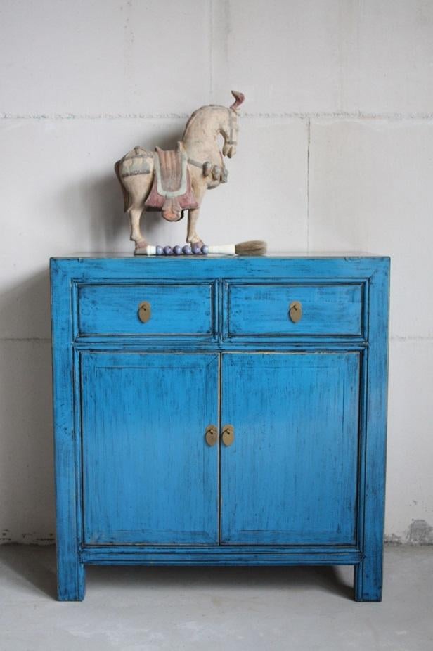 Oosters Houten Kastje Uniek Meubel Chinees Blauw Dressoir, 1 of 2 laden, Nieuw, Minder dan 100 cm, 25 tot 50 cm