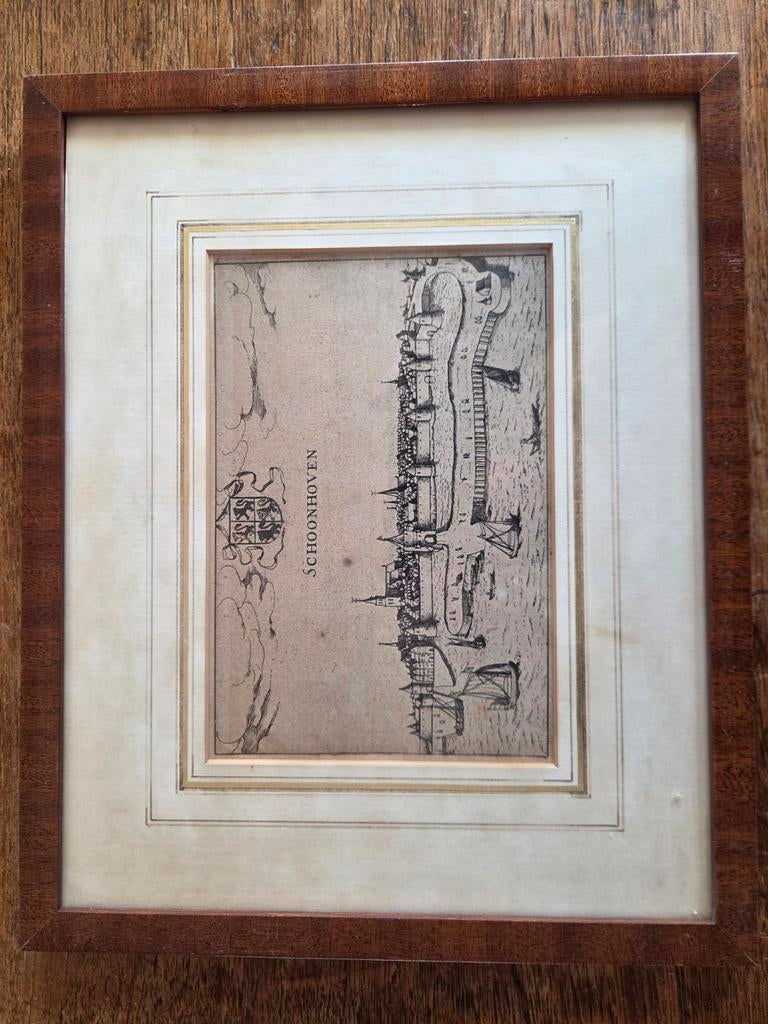 Antieke Gravure: Schoonhoven Stadsgezicht met Wapen, Ophalen of Verzenden