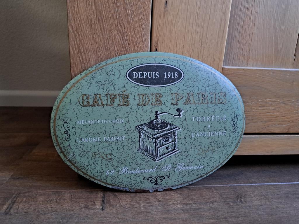 Vintage groen metalen bord Cafe de Paris wanddecoratie, Ophalen of Verzenden