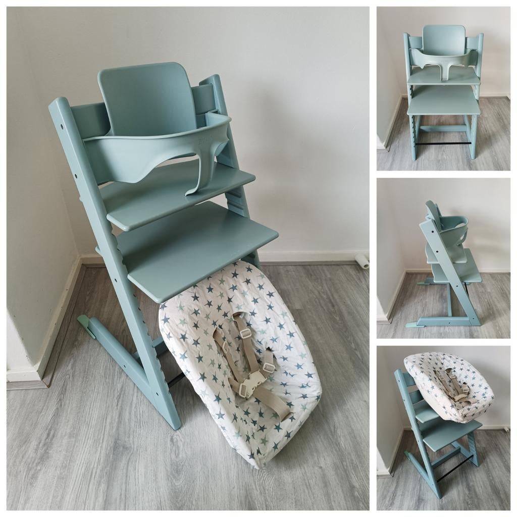 Stokke Tripp Trapp aqua blue met babyset, newbornset, hoes, Ophalen of Verzenden, Zo goed als nieuw, Stokke Tripp Trapp, Stoelverkleiner