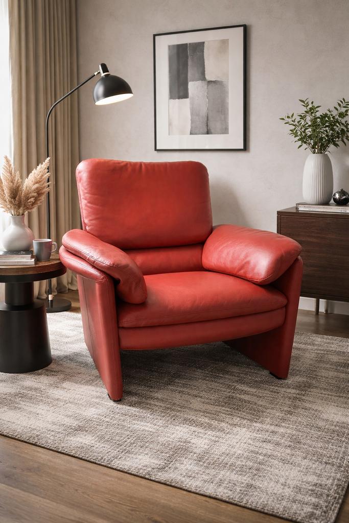 Leolux Bora Beta fauteuil - rode leer, Ophalen, Zo goed als nieuw, 50 tot 75 cm, Leer