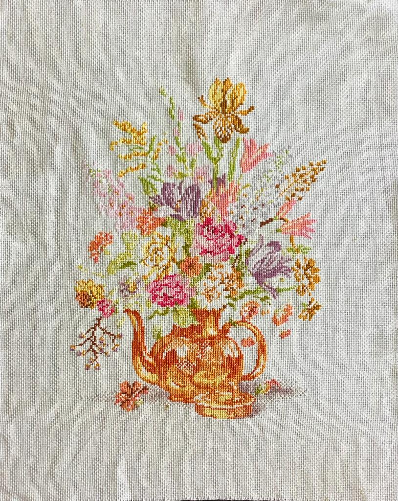 Borduurwerk, zijde, bloem, theepot, stilleven, vintage, Ophalen, Gebruikt, Handborduren, Overige typen