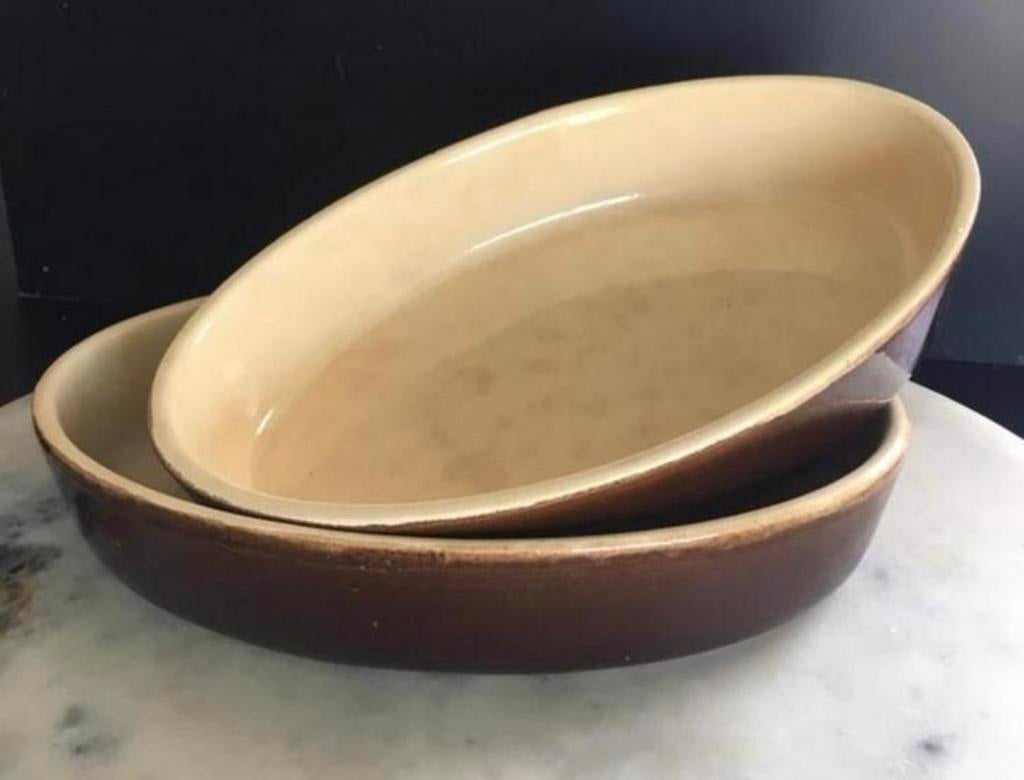 Vintage Franse Terracotta Ovenschalen 29/20/6 Set van 2, Le Creuset, Overige typen, Ophalen of Verzenden, Zo goed als nieuw