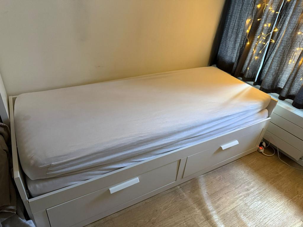 IKEA BRIMNES bedbank wit – uitschuifbaar+lades (80/160x200), Ophalen, Wit, Tweepersoons, Zo goed als nieuw