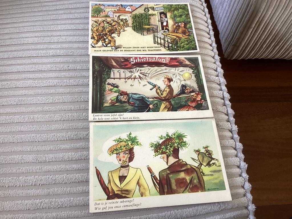 Militaire humor kaarten,schietsalon,jaren 40-50.drie stuks, Ophalen of Verzenden, 1940 tot 1960, Gelopen, Overige thema's