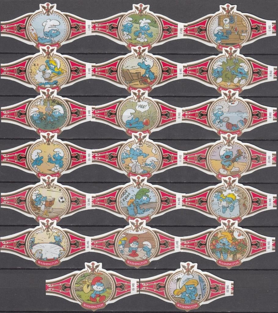 Sigarenbandjes van de Smurfen, Washington SM1-SM20 rood-wit, Verzamelen, Rookartikelen, Aanstekers en Luciferdoosjes, Ophalen of Verzenden