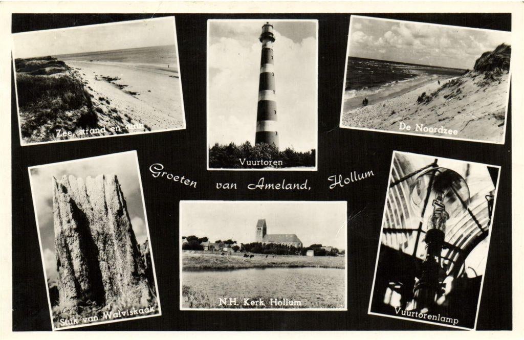 Groeten van Ameland, Hollum - 6 afb - gelopen, Ophalen of Verzenden, 1940 tot 1960, Gelopen, Waddeneilanden
