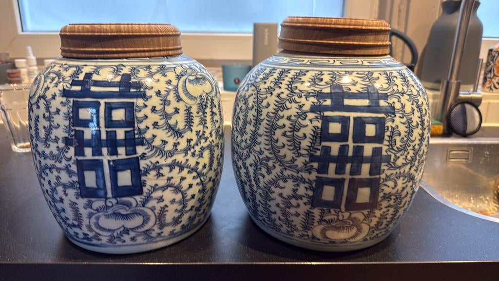 Set 2x blauw-witte Chinese potten met deksel, Ophalen