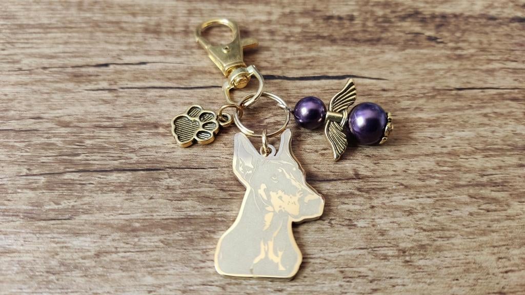 Sleutelhanger Dobermann RVS gold met beschermengeltje, Verzenden, Nieuw