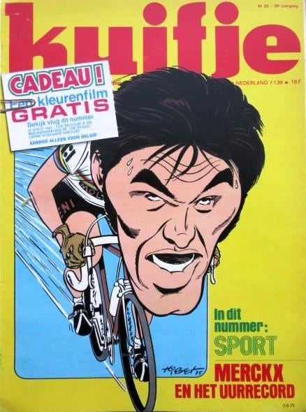 Strip Merckx  en het uurrecord - Kuifje 1975, Verzamelen, Ophalen of Verzenden, Gebruikt, Overige binnenlandse clubs, Poster, Plaatje of Sticker