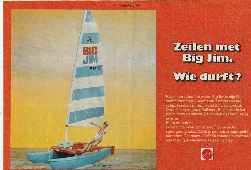 Retro reclame 1978 Mattel Big Jim op catamaran boot, Verzenden, Overige typen