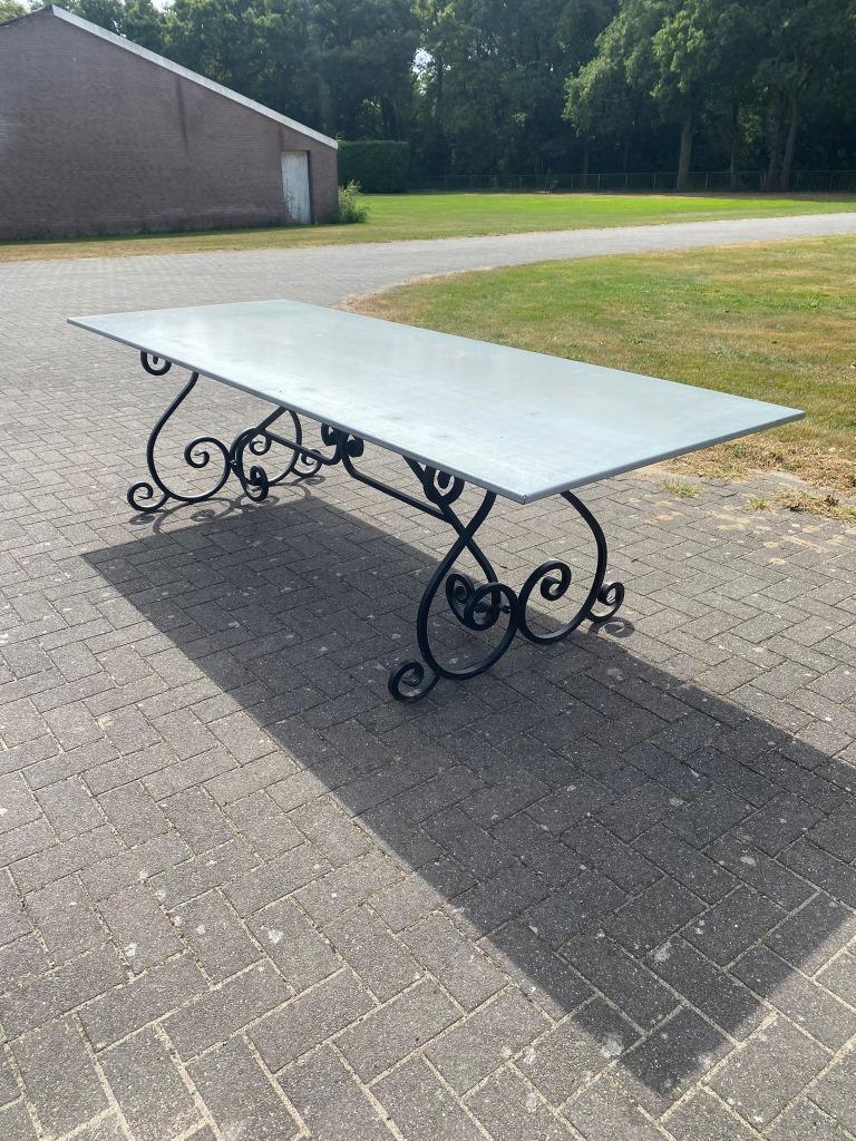 Tuintafel - Zinken blad - Krul Frame - 260*100cm, Tuin en Terras, Ophalen, Zo goed als nieuw, Rechthoekig, Metaal