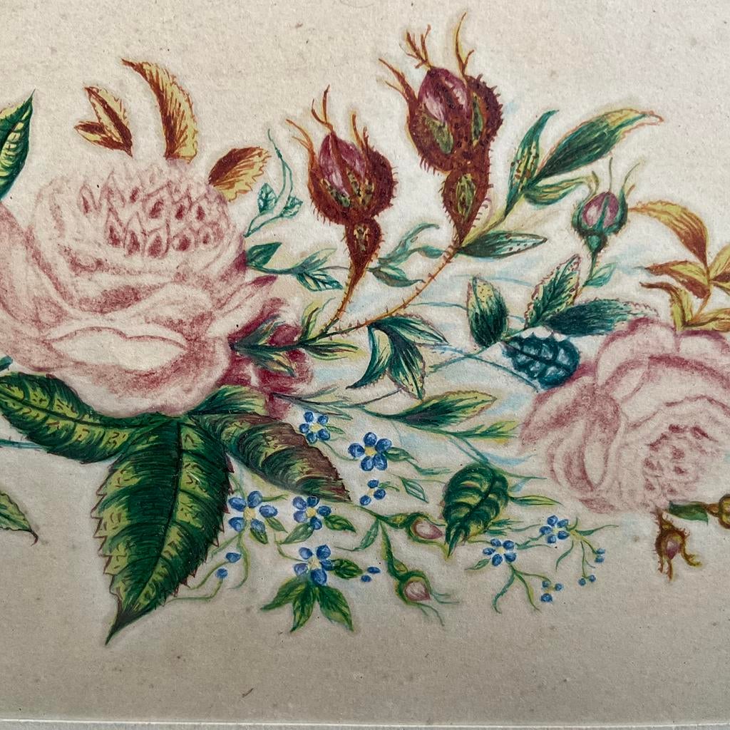 Sale antieke ingelijste bloemen tekening *tres belle*, Antiek en Kunst, Kunst | Tekeningen en Foto's, Verzenden