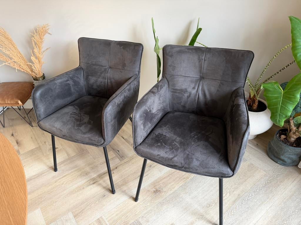 6x Eetkamerstoelen Lugano – Antraciet Microleder Armstoelen, Ophalen, Zo goed als nieuw, Metaal, Grijs