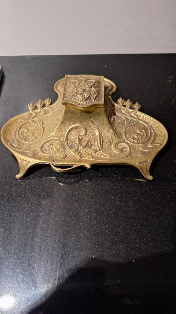 Antieke Art Nouveau Messing inktpot met glazen inktpotje, Ophalen of Verzenden
