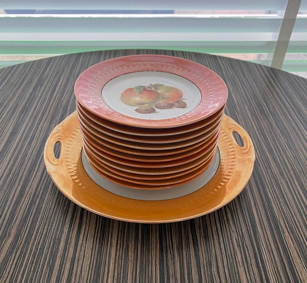 Vintage taart serveer set - schaal + 11 bordjes, Ophalen