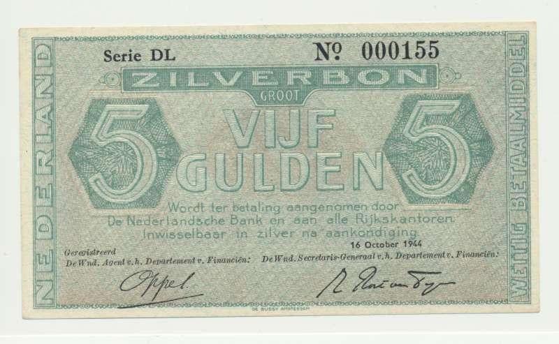 Nederland 5 Gulden 1944 Zilverbon UNC, Postzegels en Munten, Bankbiljetten | Nederland, Ophalen of Verzenden, 5 gulden, Los biljet
