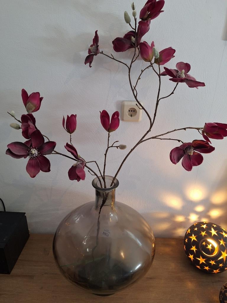 Mica Decorations vaas met kunstbloemen, Huis en Inrichting, Woonaccessoires | Vazen, Ophalen, Gebruikt, Overige kleuren, Glas