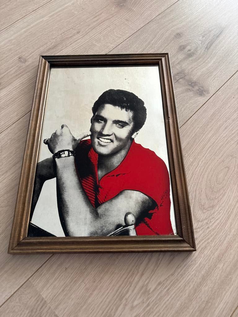 Vintage Elvis Presley spiegel met houten lijst, Ophalen of Verzenden, Gebruikt, Poster, Artwork of Schilderij