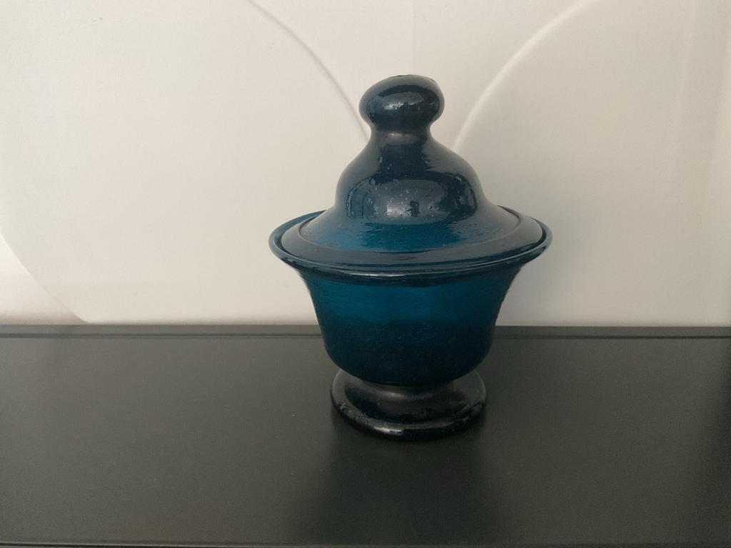 Blauwe glazen pot met deksel, Ophalen of Verzenden