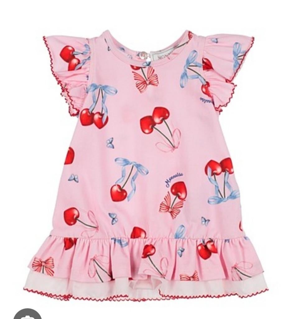 Monnalisa cherry jurkje 18 mnd mt 86 roze met kersen, Meisje, Jurkje of Rokje, Ophalen of Verzenden, Zo goed als nieuw