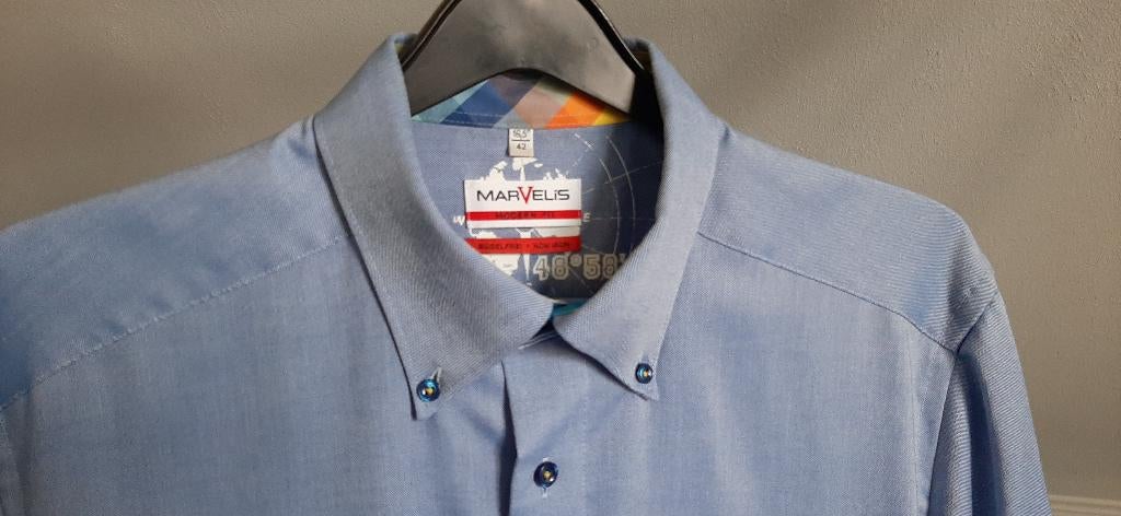 Overhemd blauw korte mouw strijkvrij mt 42 L, Kleding | Heren, Overhemden, Marvelis, Blauw, Ophalen of Verzenden, Zo goed als nieuw