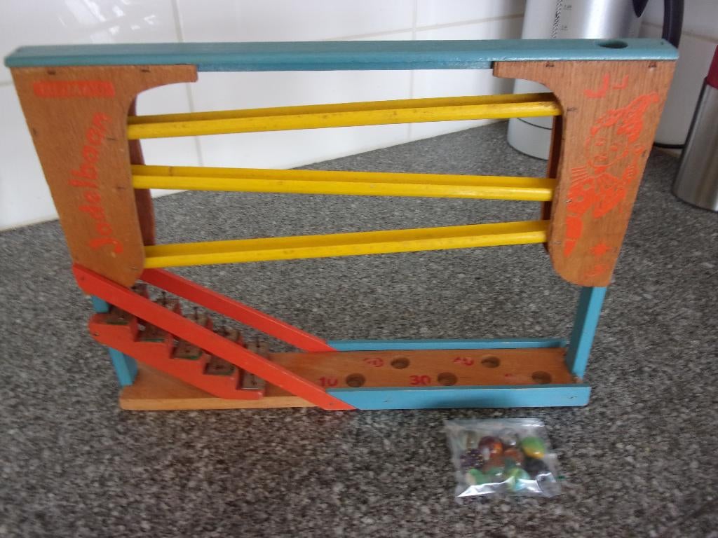 Oud Houten JODELBAAN van Homas+10 KNIKKERS, Ophalen of Verzenden, Gebruikt, Overige typen