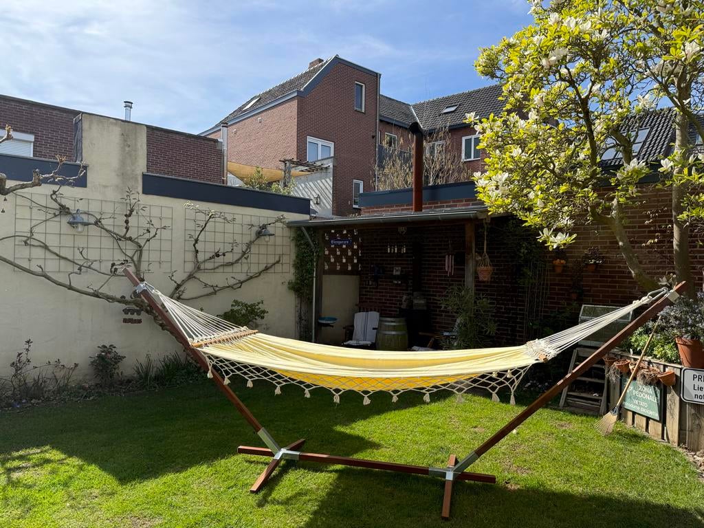 Hangmat met Teakhouten Onderstel - Lichtgeel, Tuin en Terras, Hangmatten, Ophalen, Gebruikt, Meerpersoons, Met standaard