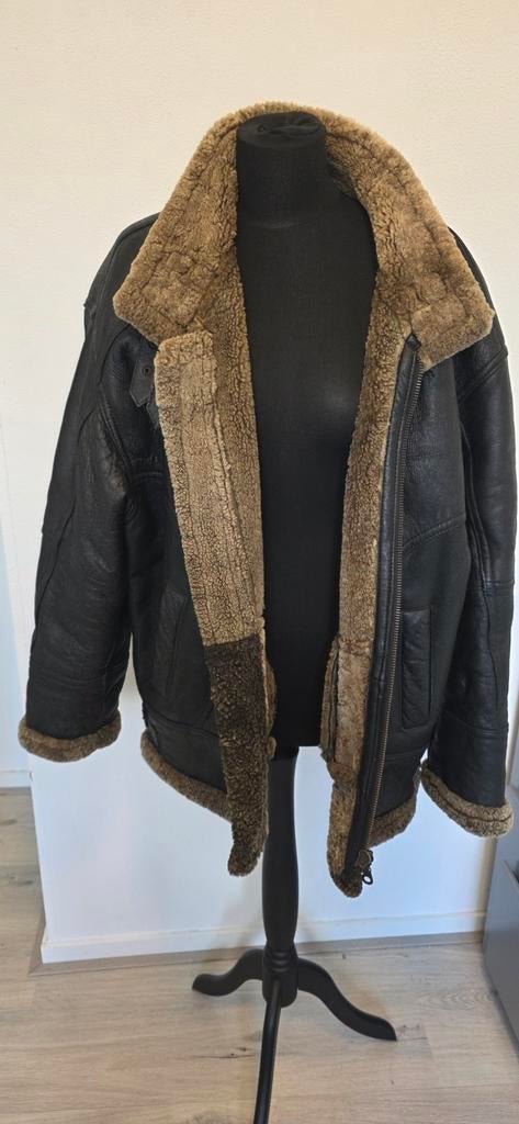 Vintage Pilotenjas Schaapsleer XL - Klassieke B3 Stijl, Kleding | Heren, Ophalen of Verzenden, Gedragen, Maat 56/58 (XL), Zwart