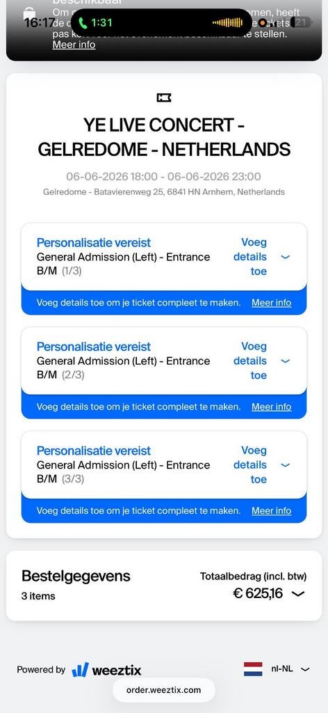 3X Kanye West gelredome staanplaatsen 3x (left), Tickets en Kaartjes, Drie personen of meer, Overige soorten