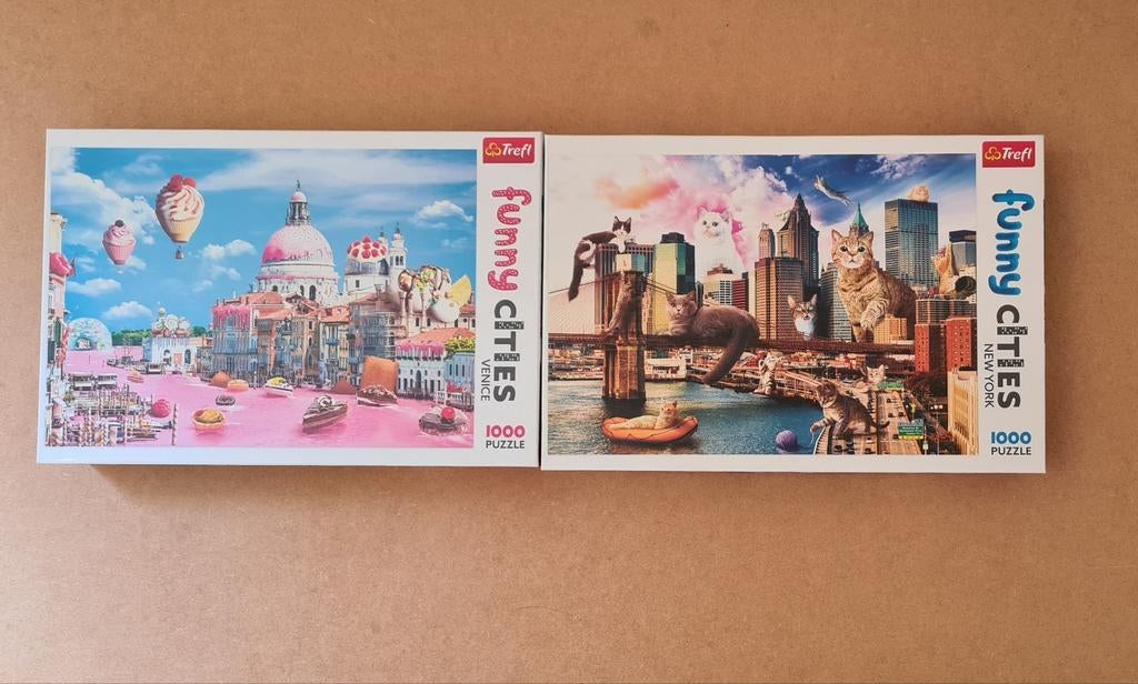 2x Trefl 1000 stukjes legpuzzel Funny Cities, Antiek en Kunst, Kunst | Schilderijen | Klassiek, Ophalen of Verzenden