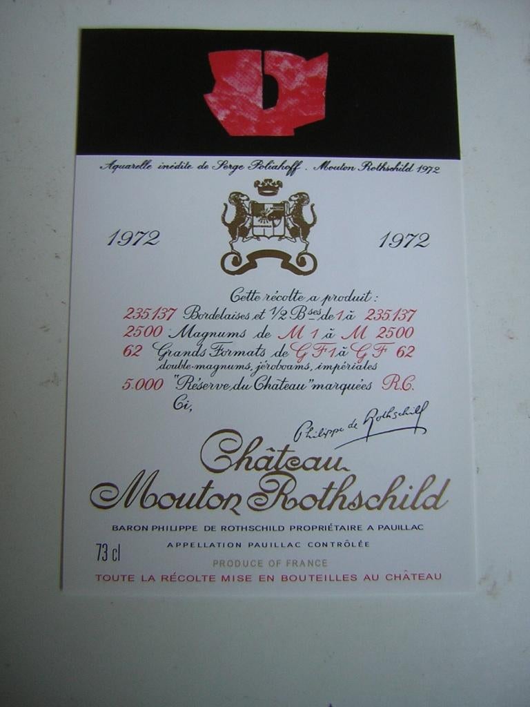 Origineel Chateau Mouton Rothschild Wijn Etiket 1972, Verzamelen, Wijnen, Frankrijk, Nieuw, Ophalen of Verzenden, Rode wijn