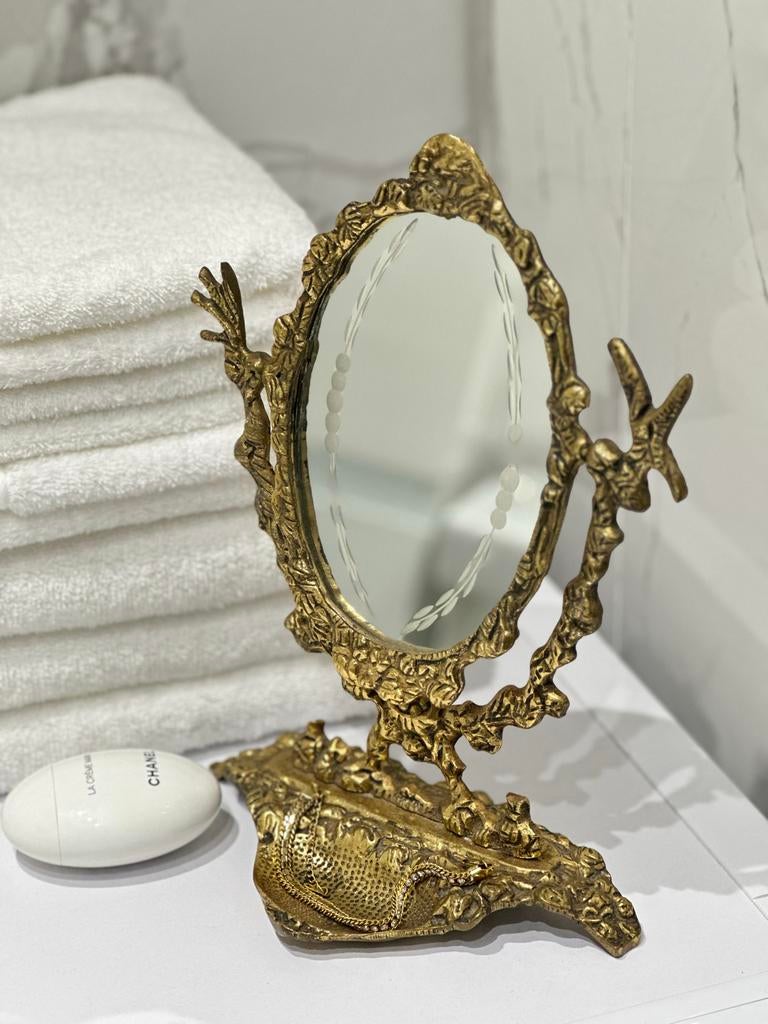 Antieke bronze kaptafel spiegel met schelpen bakje, Ophalen of Verzenden, Ovaal, Minder dan 50 cm, Minder dan 100 cm