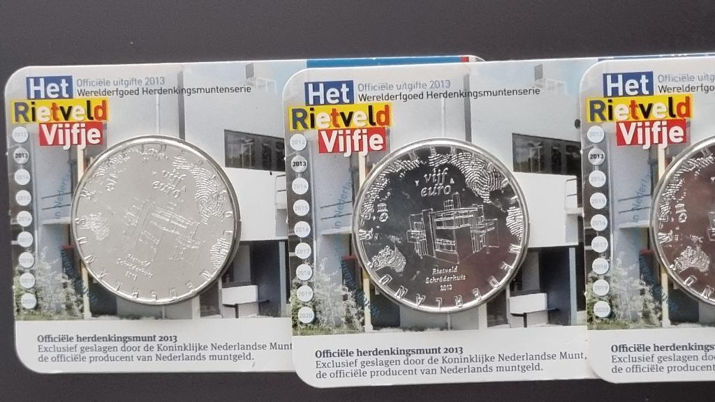 Drie Rietveld Vijfjes herdenkingsmunten, Ophalen of Verzenden, Overige landen, 5 euro, Setje