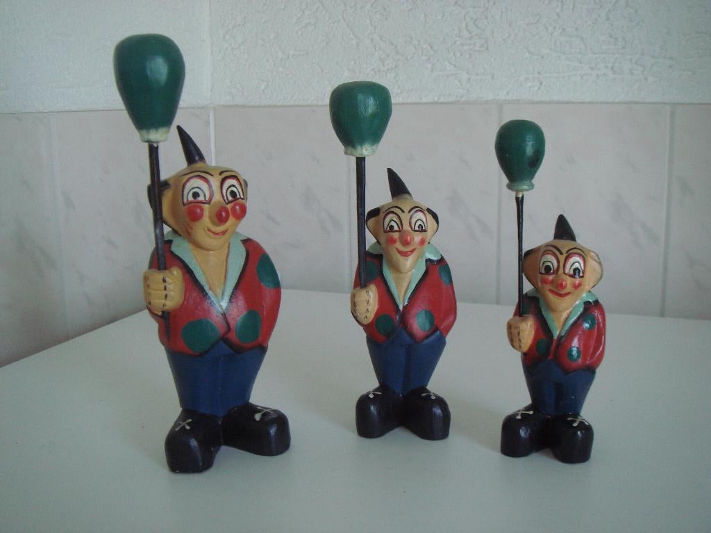 Set houten clowns poppetjes met ballon, Ophalen of Verzenden, Zo goed als nieuw