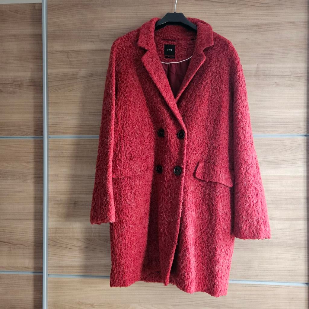Dames  winterjas rood boucle Zero Zgan, Kleding | Dames, Jassen | Winter, Maat 42/44 (L), Zero, Ophalen of Verzenden, Zo goed als nieuw
