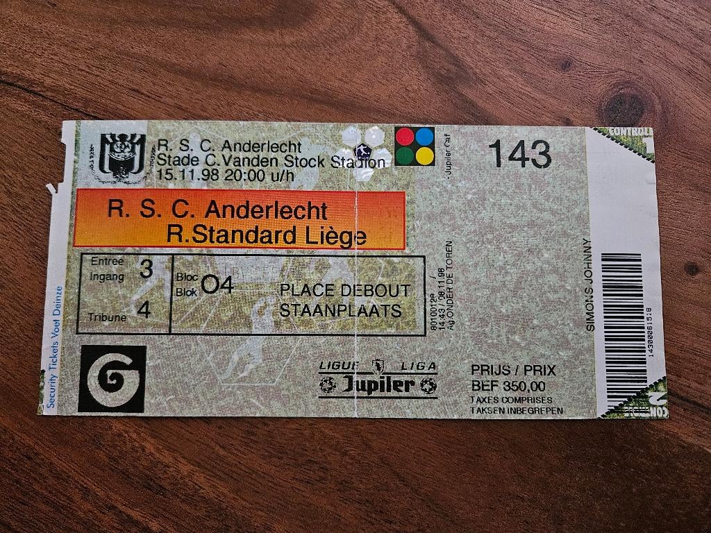 ⚽ Ticket Rsc Anderlecht - Standard Luik 1998-1999 ⚽, Verzamelen, Sportartikelen en Voetbal, Ophalen of Verzenden, Buitenlandse clubs