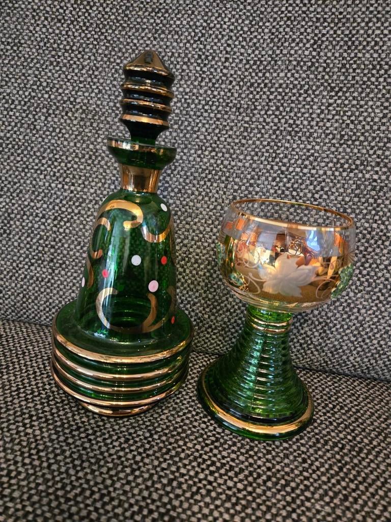 Groen Glas Karaf + Glas, Vintage Set., Antiek en Kunst, Antiek | Glas en Kristal, Ophalen of Verzenden