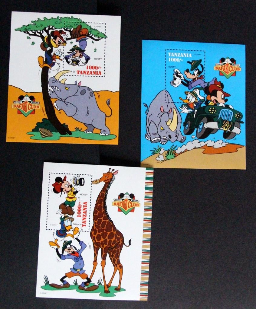 3x Safari Tanzania Walt Disney Mickey Donald MNH compleet, Verzenden, Postfris, Noord-Amerika