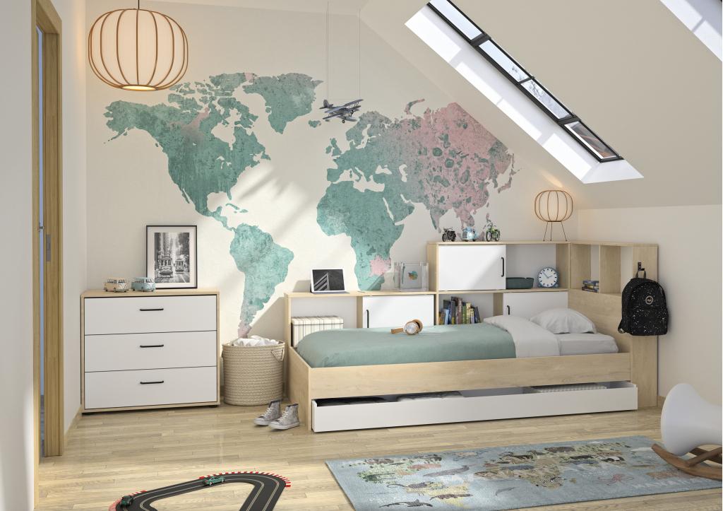 Erwin 1-persoonsbed met kastjes en lade - Naturel/wit, Niet ingevuld, Niet ingevuld, Niet ingevuld