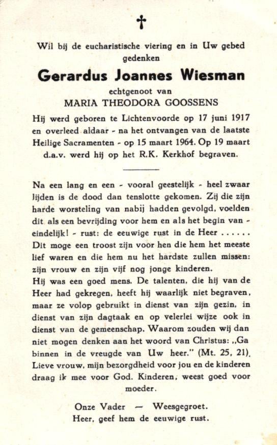 Wiesman Gerardus Joannes 1917-1964 Lichtenvoorde, Ophalen of Verzenden